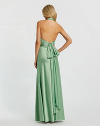 Mac Duggal #49728 sage ruched halter neck tie back satin gown