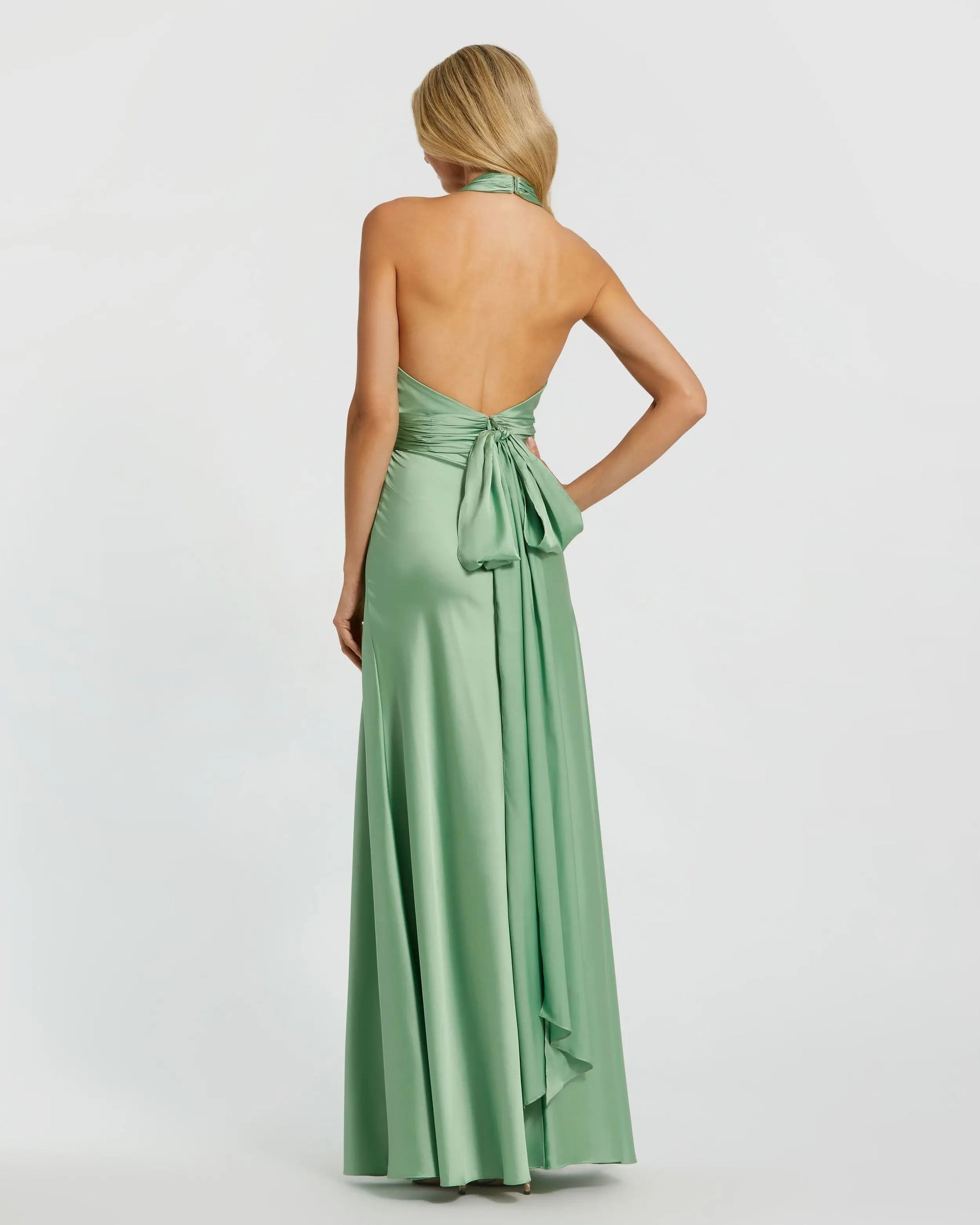 Mac Duggal #49728 sage ruched halter neck tie back satin gown