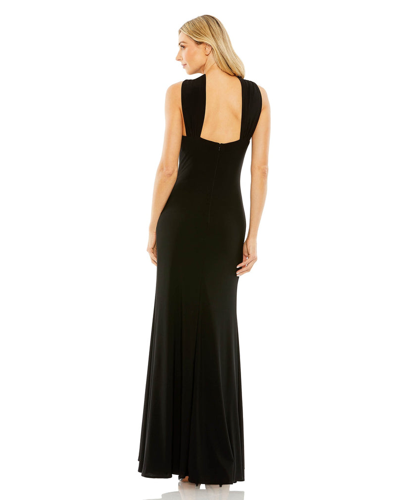 KNOTTED HALTER NECK KEYHOLE JERSEY GOWN BACK VIEW