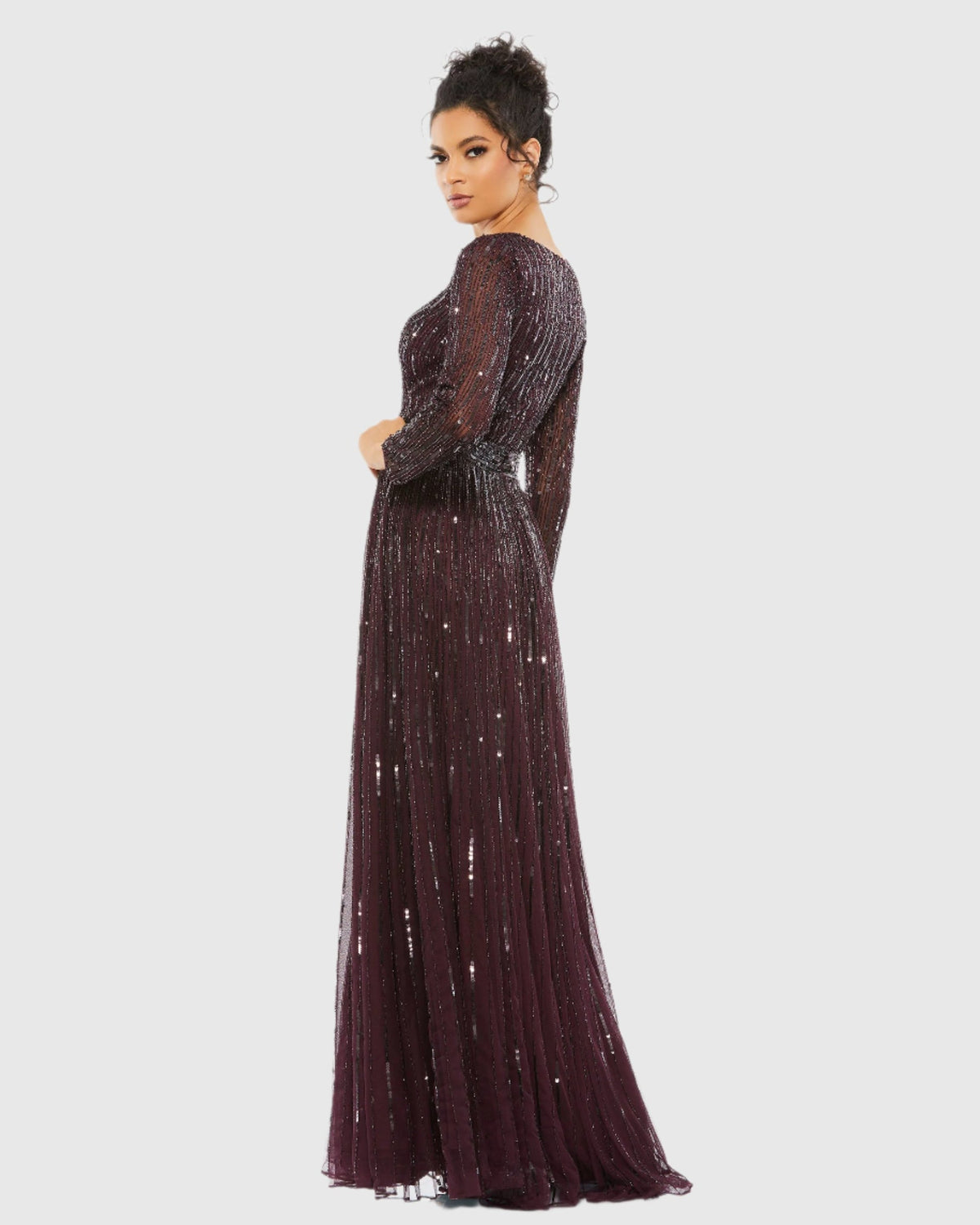Sequin V Neck Long Sleeve A Line Gown - Mulberry