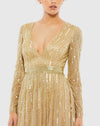 Sequin V Neck Long Sleeve A Line Gown - Taupe