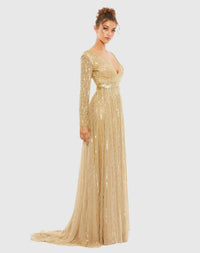 Sequin V Neck Long Sleeve A Line Gown - Taupe