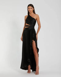 Mac Duggal Black asymmetric pleated charmeuse cut-out gown with slit #49837