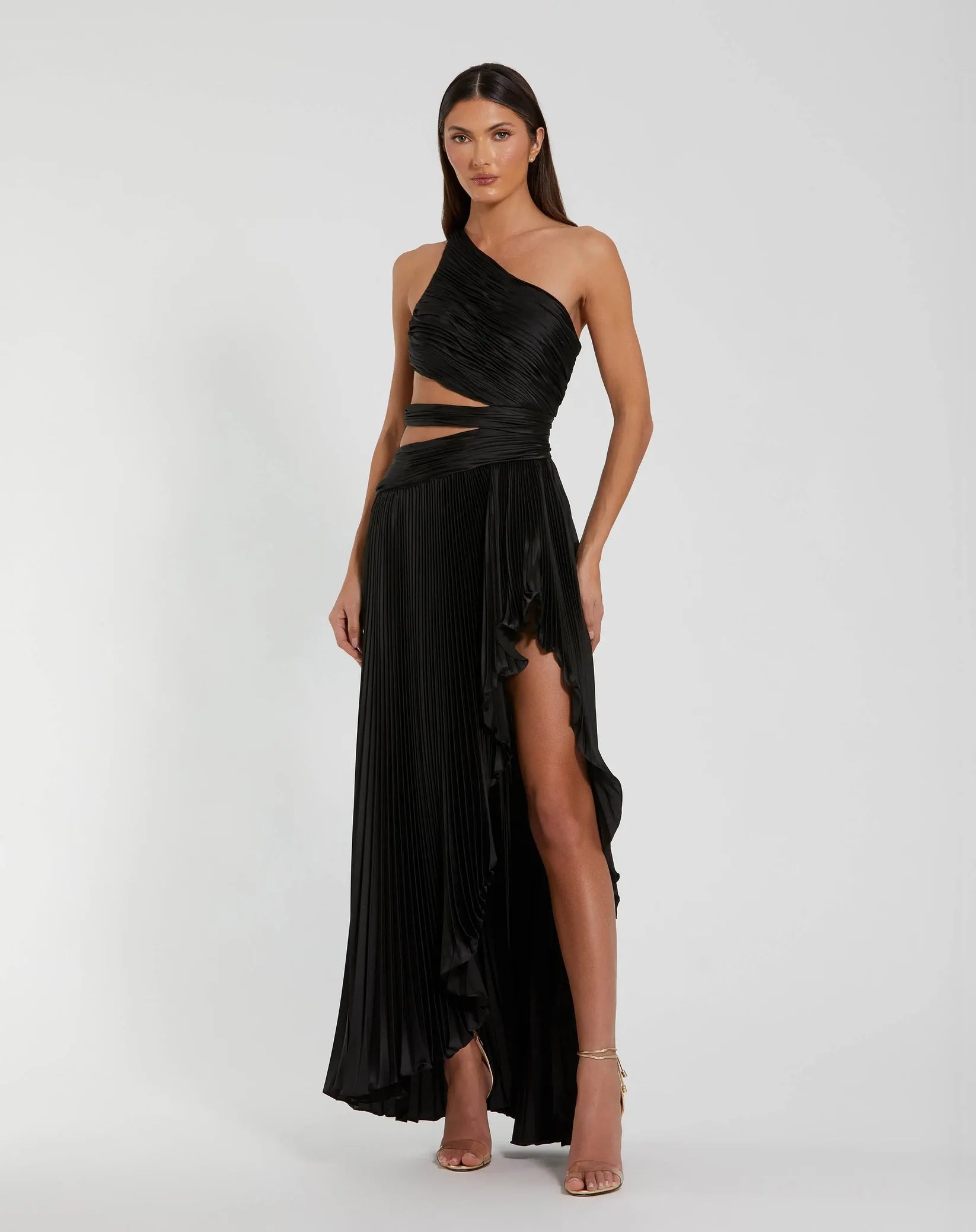 Mac Duggal Black asymmetric pleated charmeuse cut-out gown with slit #49837