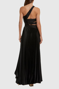 Mac Duggal Black asymmetric pleated charmeuse cut-out gown with slit #49837