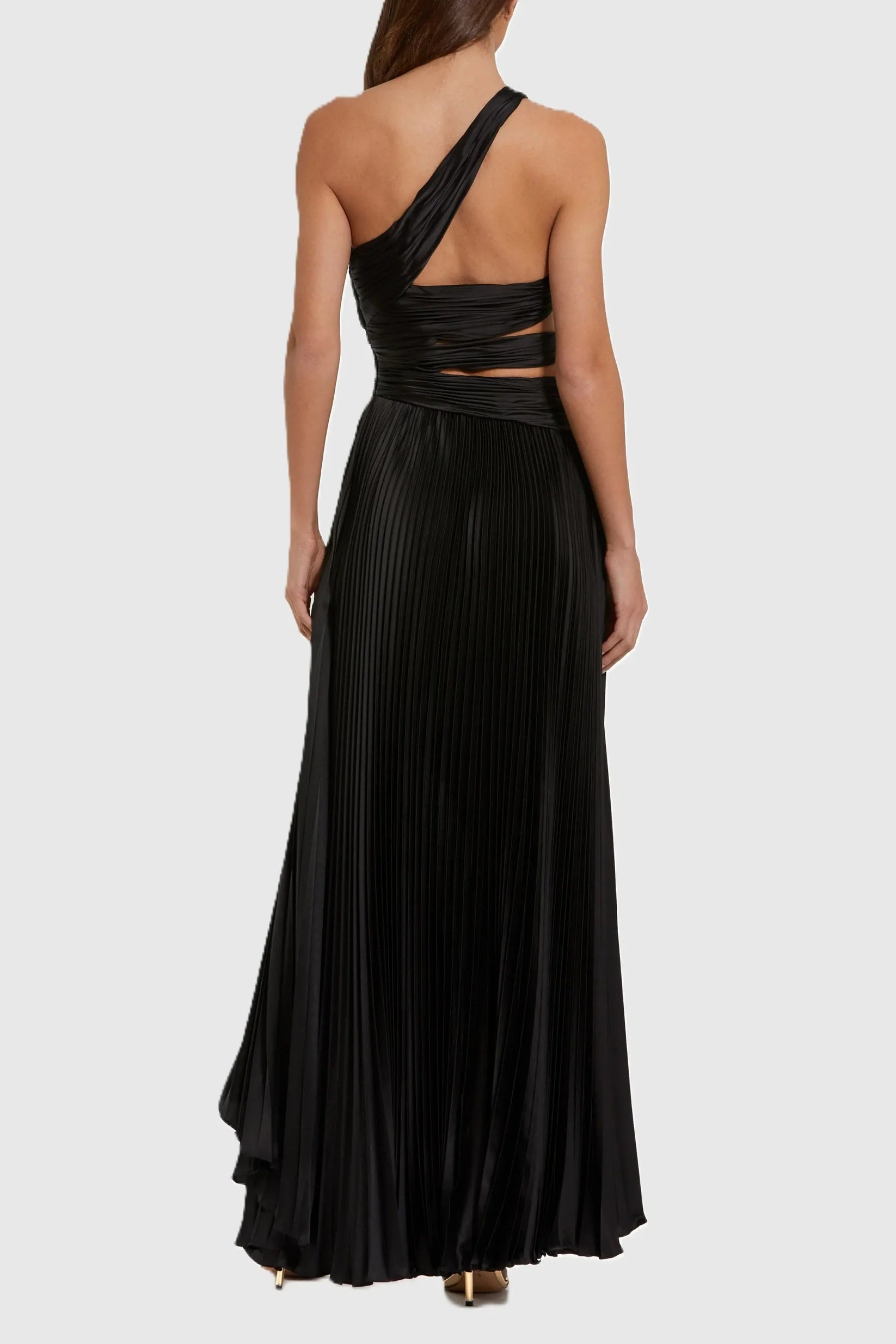 Mac Duggal Black asymmetric pleated charmeuse cut-out gown with slit #49837