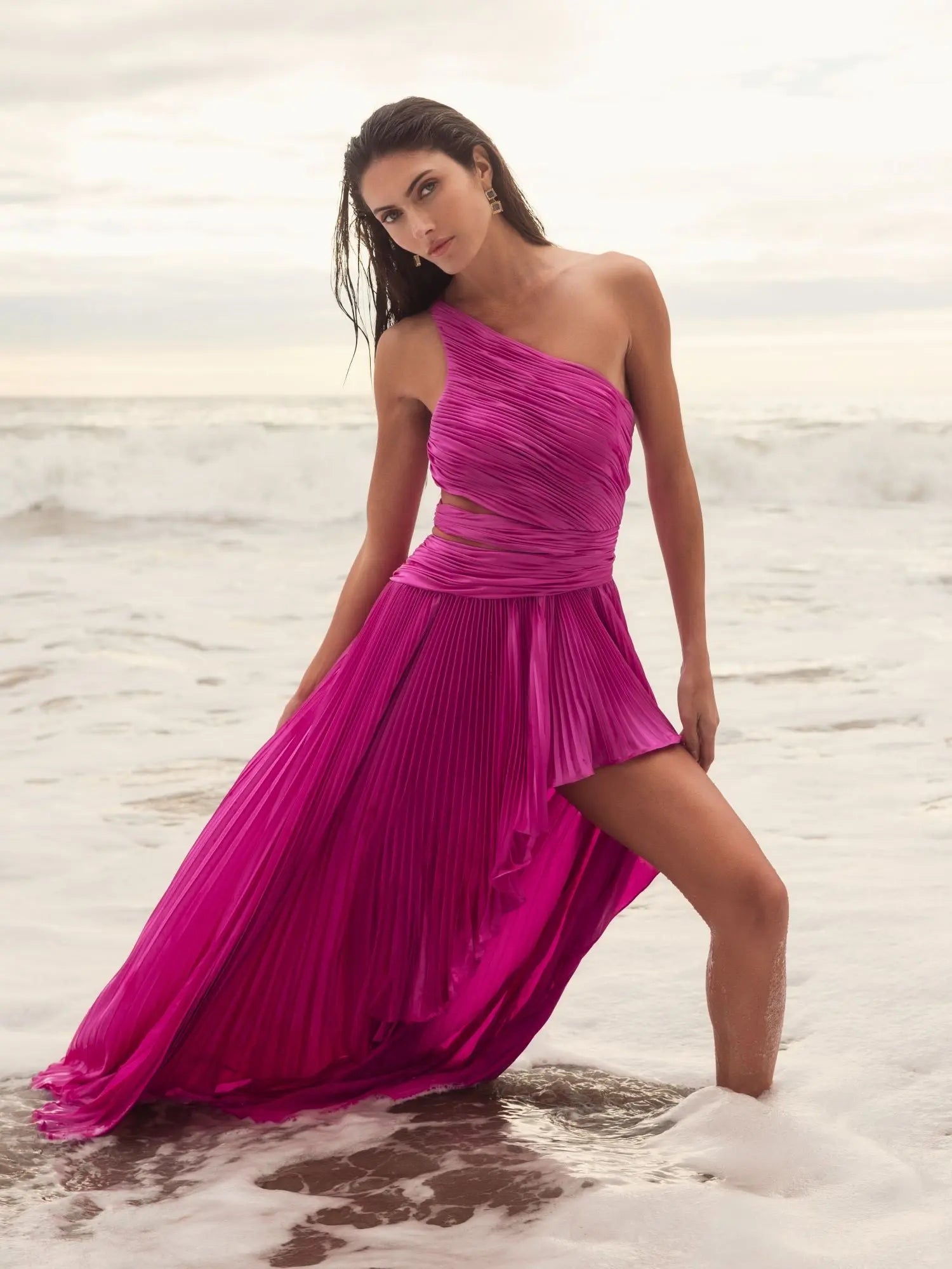 Mac Duggal #49837 fuchsia one shoulder pleated charmeuse gown with slit