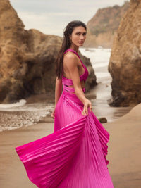 Mac Duggal #49837 fuchsia one shoulder pleated charmeuse gown with slit