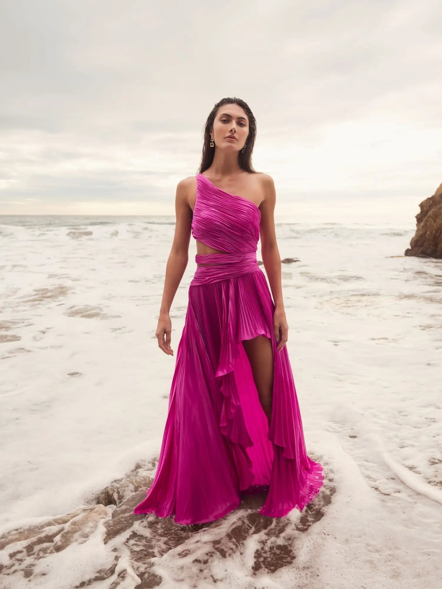 Mac Duggal #49837 fuchsia one shoulder pleated charmeuse gown with slit