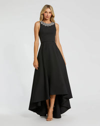 Mac Duggal 49844 Black crepe embellished neck sleeveless high low gown - front