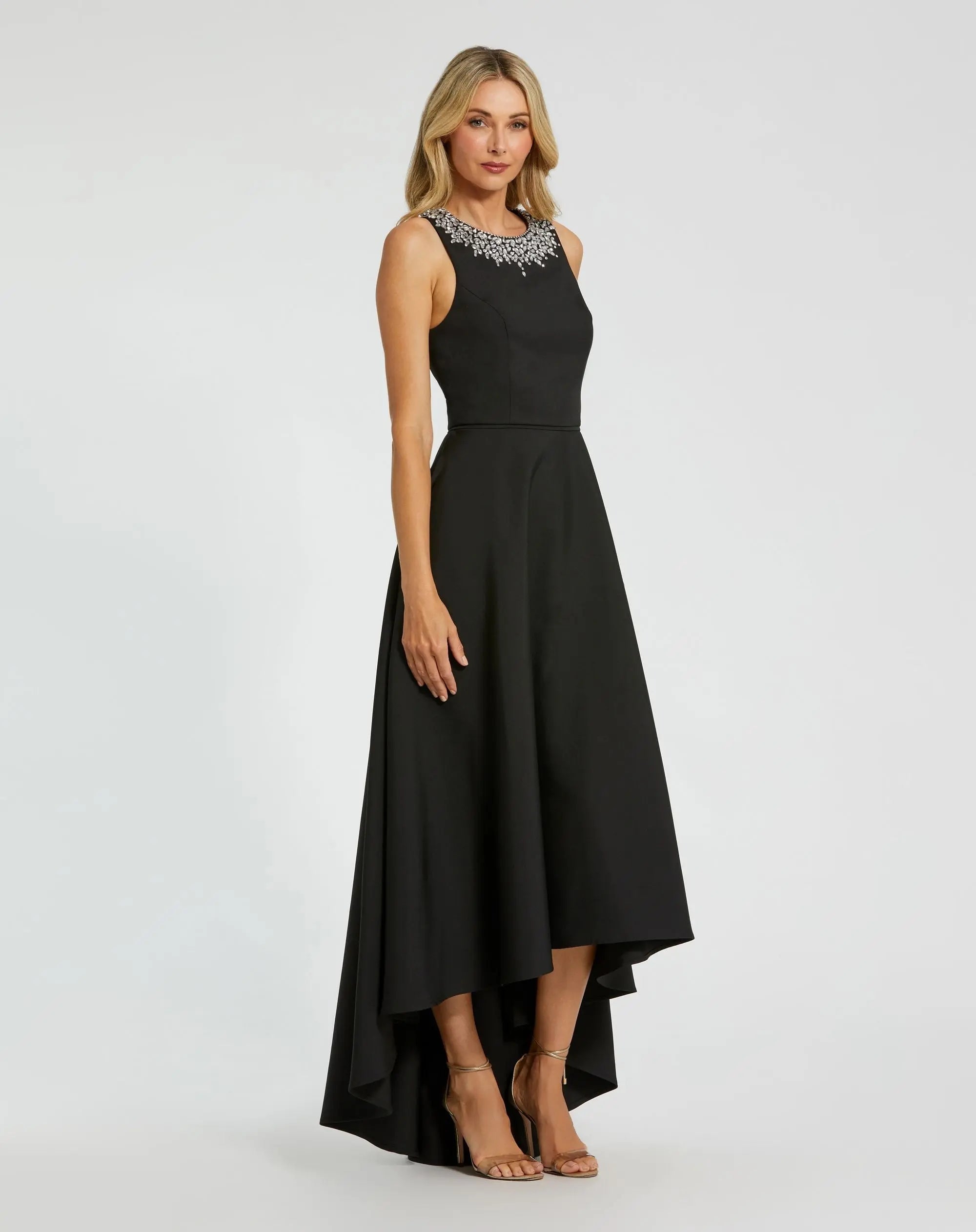 Mac Duggal 49844 Black crepe embellished neck sleeveless high low gown - side