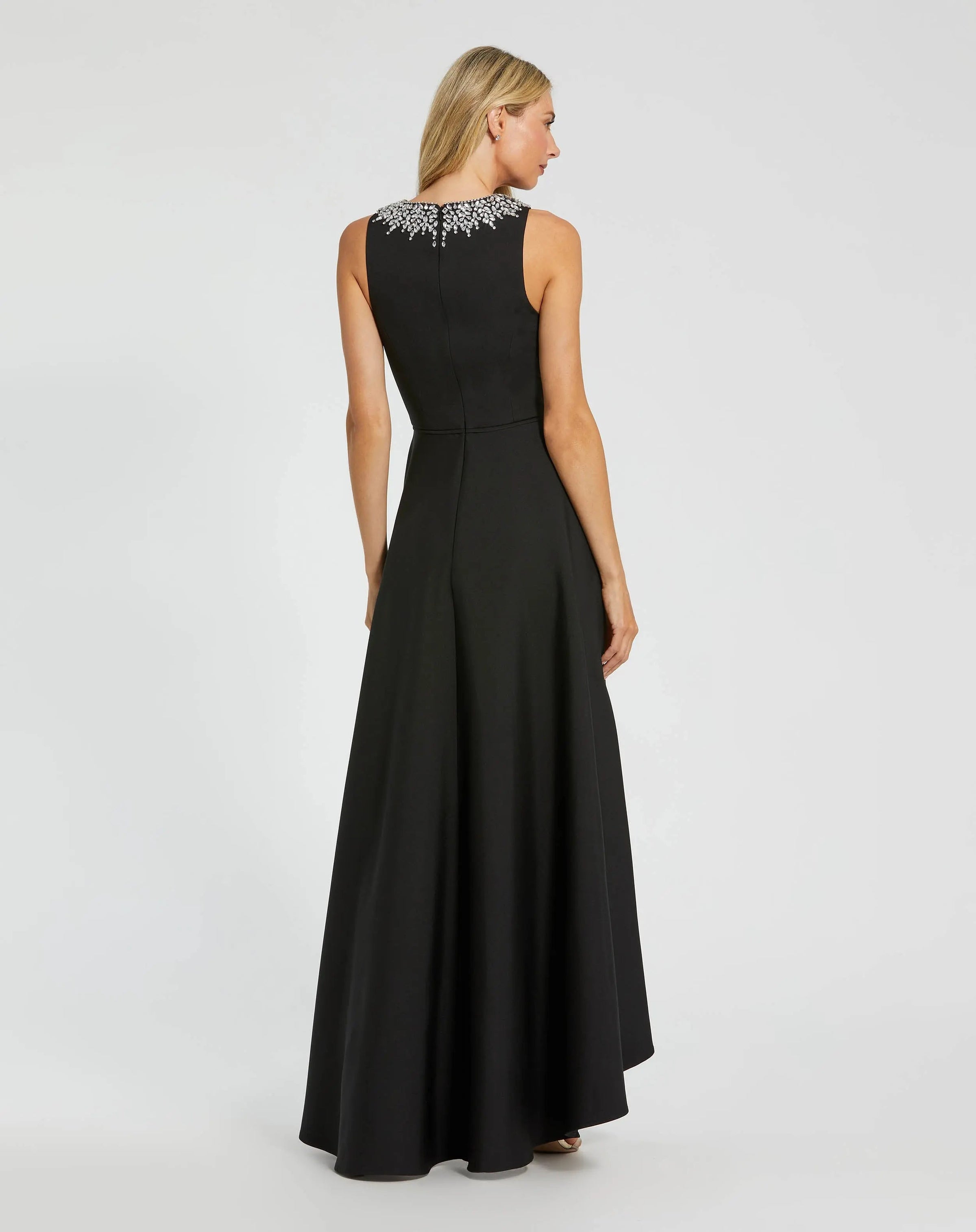 Mac Duggal 49844 Black crepe embellished neck sleeveless high low gown - back