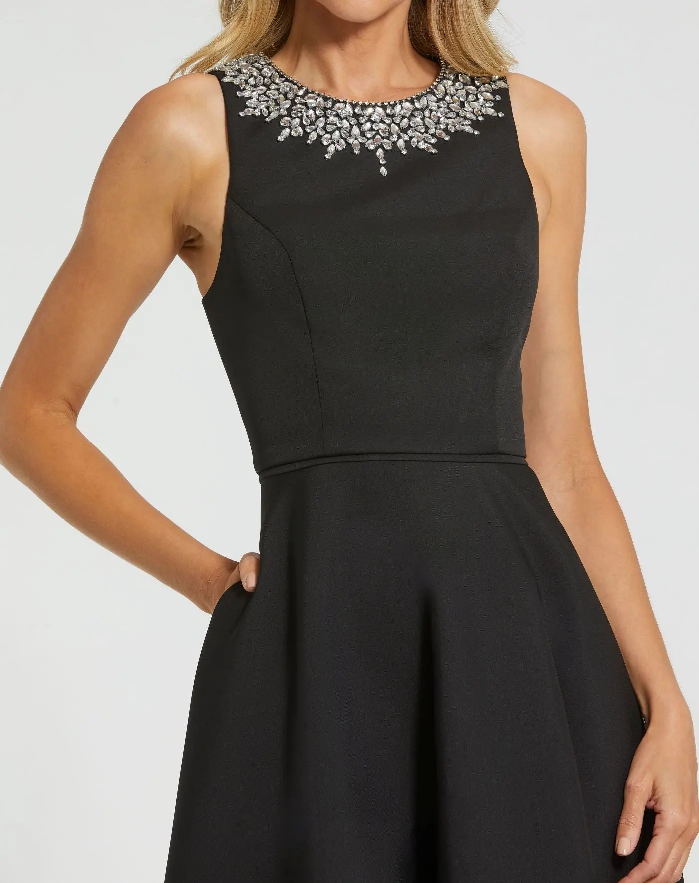 Mac Duggal 49844 Black crepe embellished neck sleeveless high low gown - detail