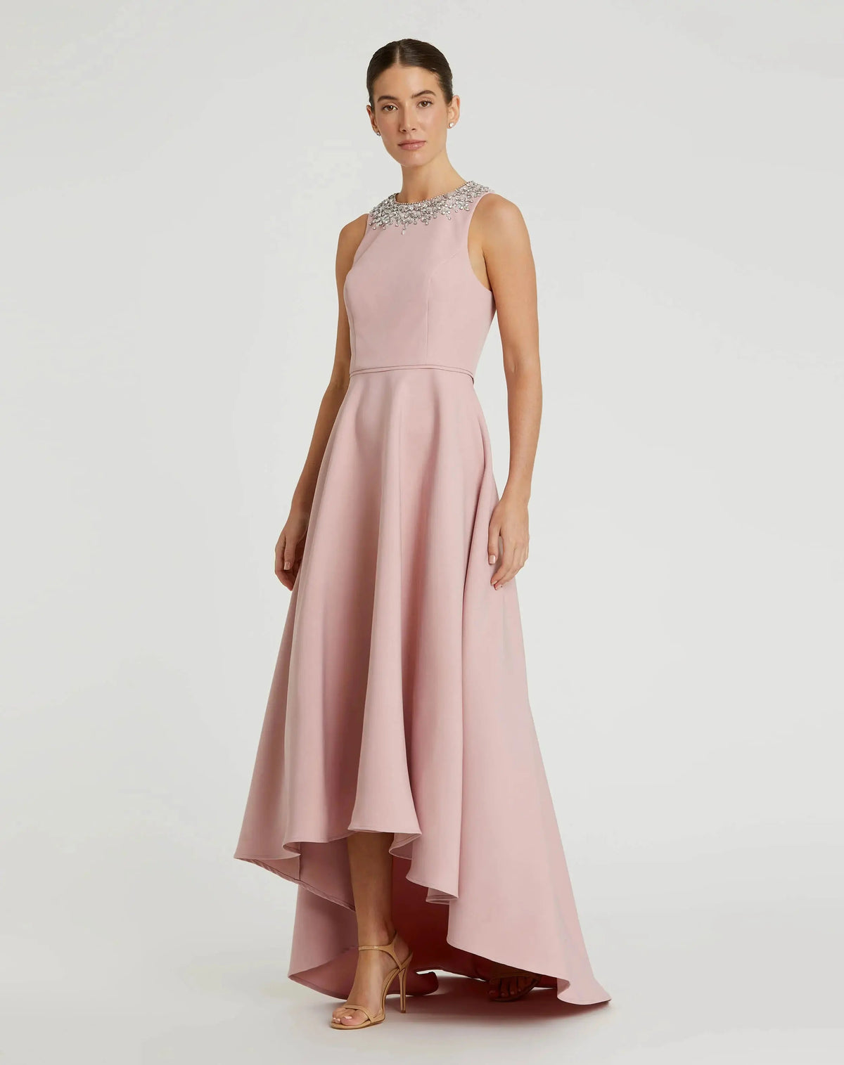Mac Duggal 49844 Blush crepe embellished neck sleeveless high low gown - front