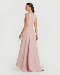 Mac Duggal 49844 Blush crepe embellished neck sleeveless high low gown - back