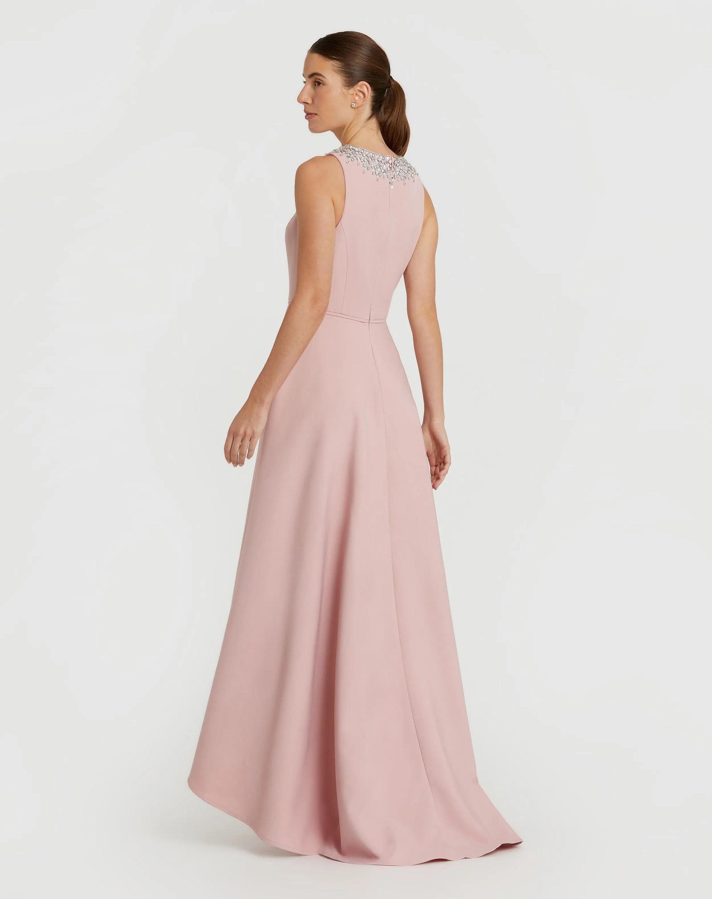 Mac Duggal 49844 Blush crepe embellished neck sleeveless high low gown - back