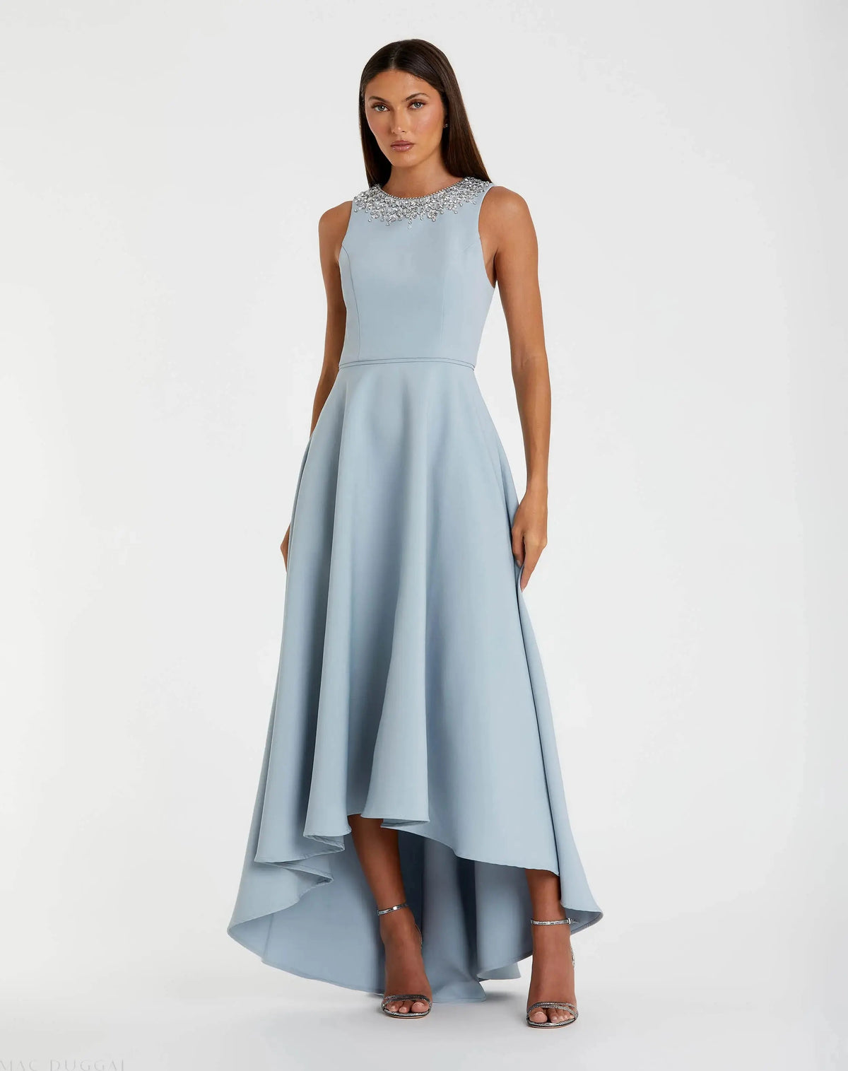 Mac Duggal 49844 Powder Blue crepe embellished neck sleeveless high low gown - front