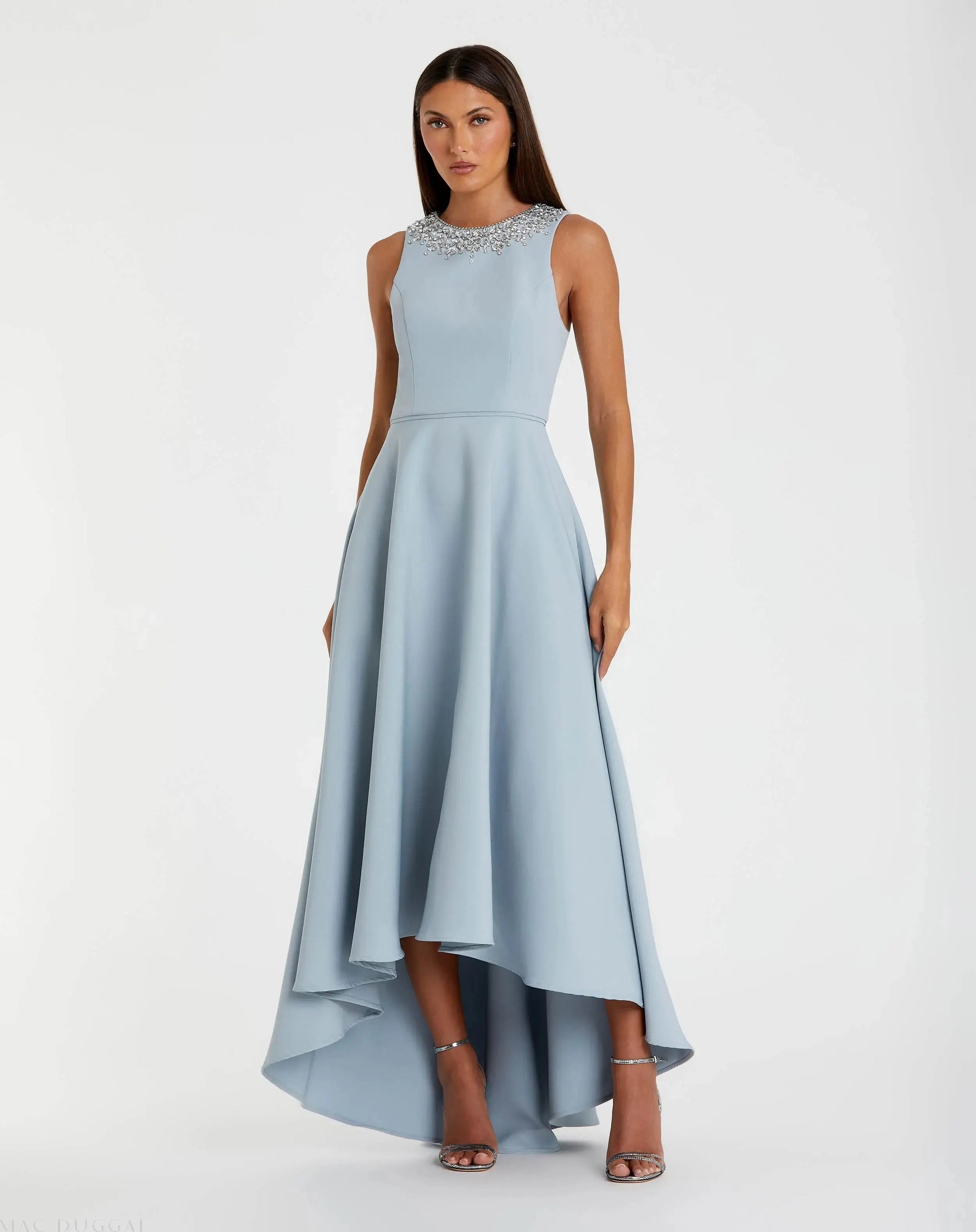 Mac Duggal 49844 Powder Blue crepe embellished neck sleeveless high low gown - front