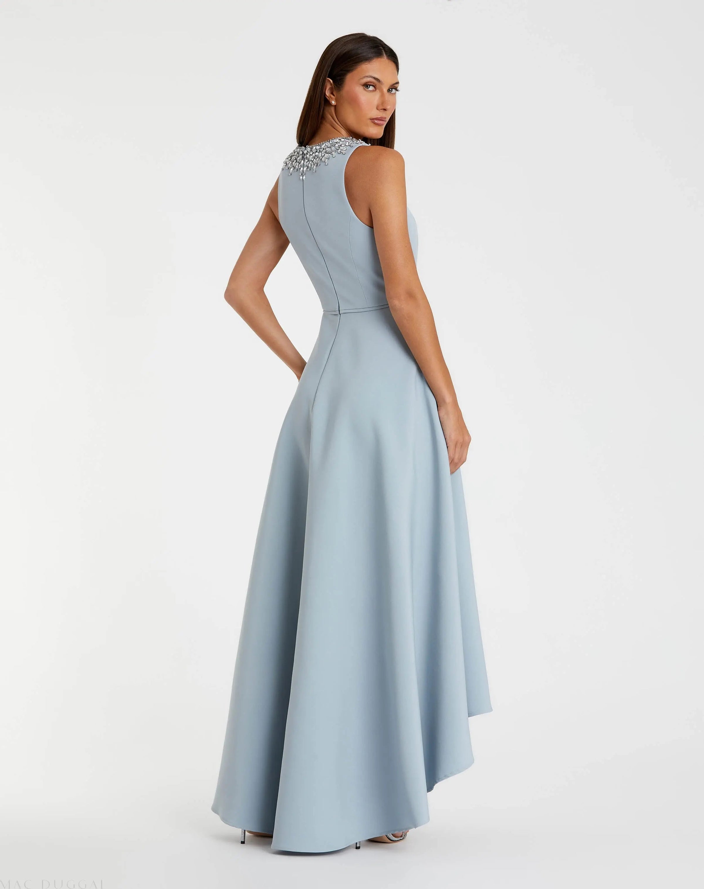 Mac Duggal 49844 Powder Blue crepe embellished neck sleeveless high low gown - back