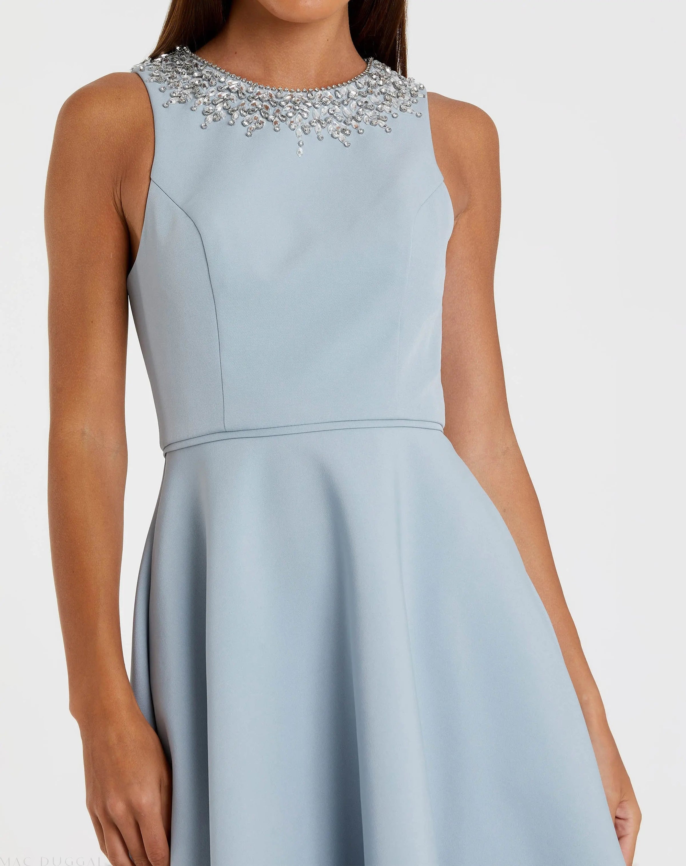 Mac Duggal 49844 Powder Blue crepe embellished neck sleeveless high low gown - detail