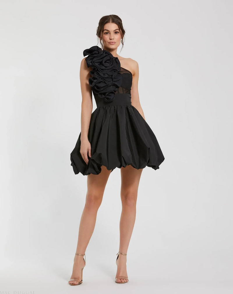 Mac Duggal Black Taffeta One Shoulder Ruffle Bubble Mini Dress #49858