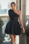Mac Duggal Black Taffeta One Shoulder Ruffle Bubble Mini Dress #49858