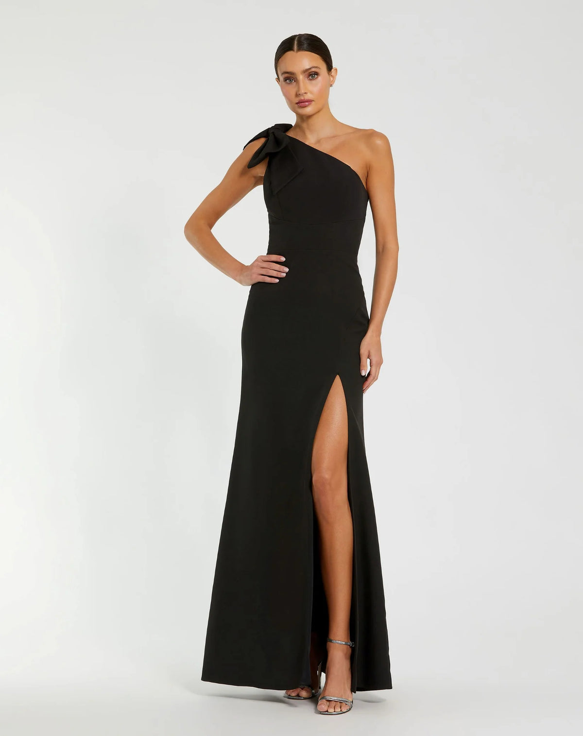 Mac Duggal Black Crepe One Shoulder Fitted Gown With Bow Black #49862