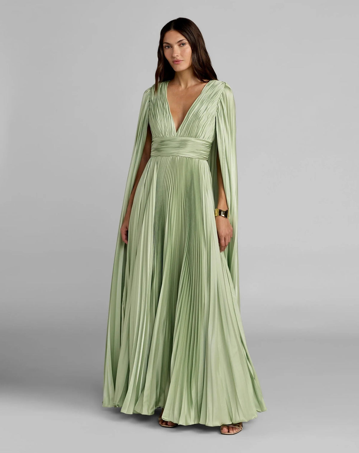 Mac Duggal #49872 sage pleated charmeuse v neck gown with cape