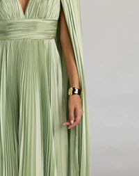 Mac Duggal #49872 sage pleated charmeuse v neck gown with cape