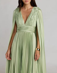 Mac Duggal #49872 sage pleated charmeuse v neck gown with cape