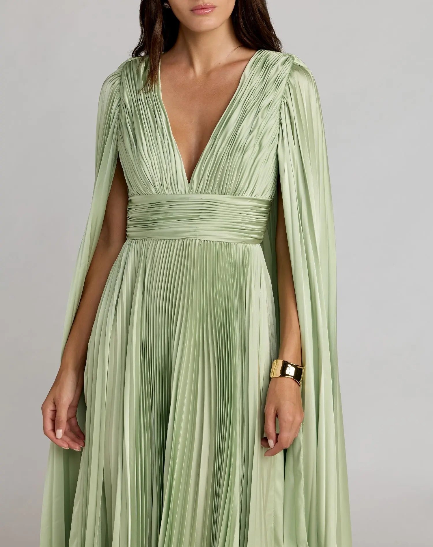 Mac Duggal #49872 sage pleated charmeuse v neck gown with cape