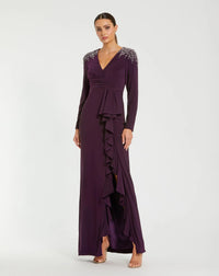 Mac Duggal Long Sleeve Gown with Cascading Ruffle & Rhinestone Shoulders #49897 Amethyst 