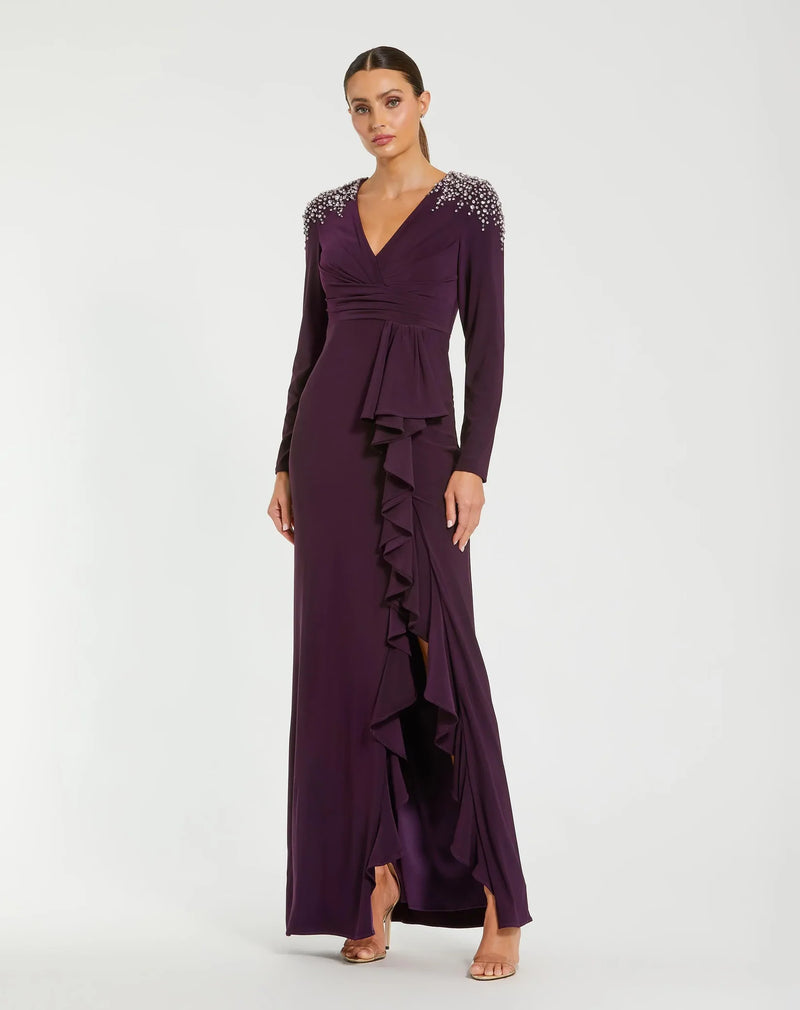 Mac Duggal Long Sleeve Gown with Cascading Ruffle & Rhinestone Shoulders #49897 Amethyst 