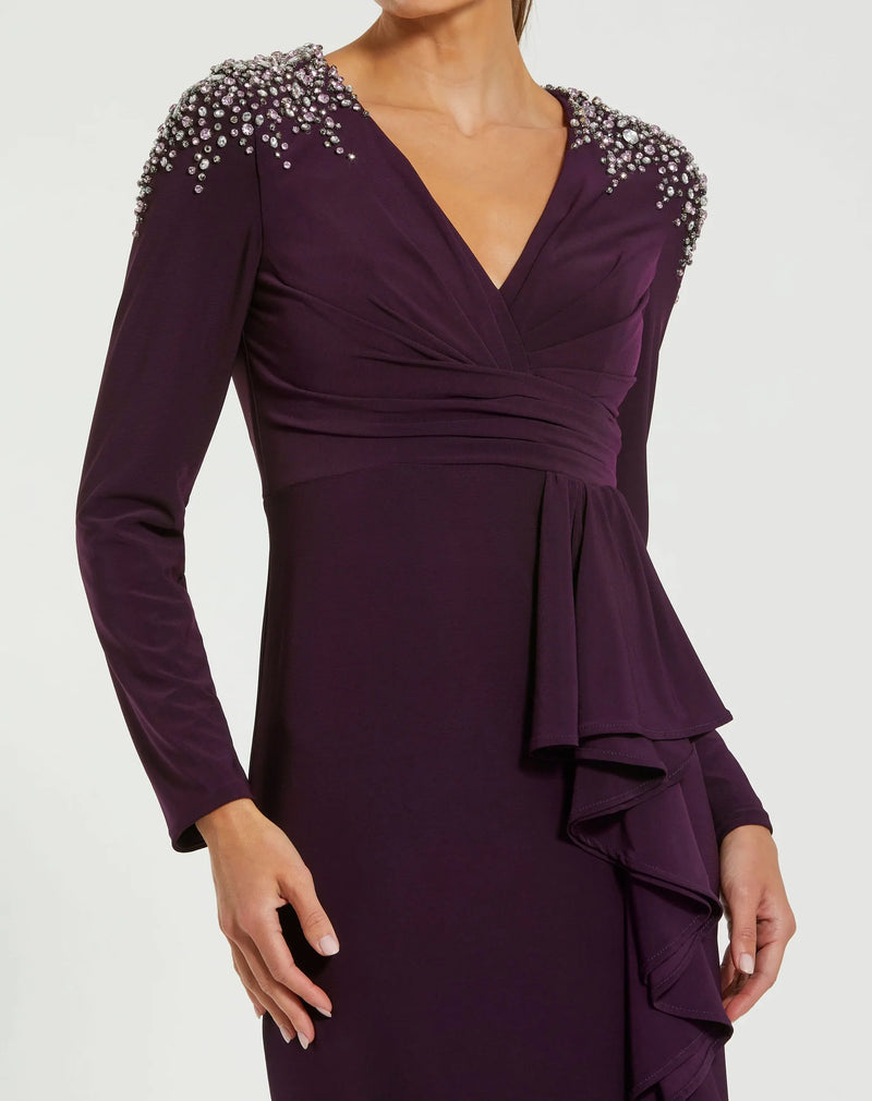 Long Sleeve Gown with Rhinestones - Amethyst