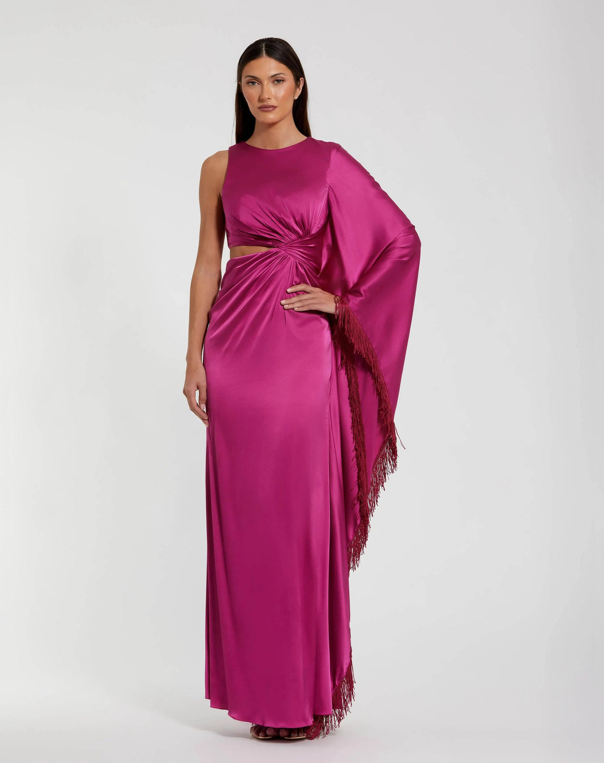 Mac Duggal 49898 Magenta cut out fringe kaftan gown - front