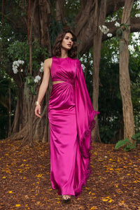 Mac Duggal 49898 Magenta cut out fringe kaftan gown - side