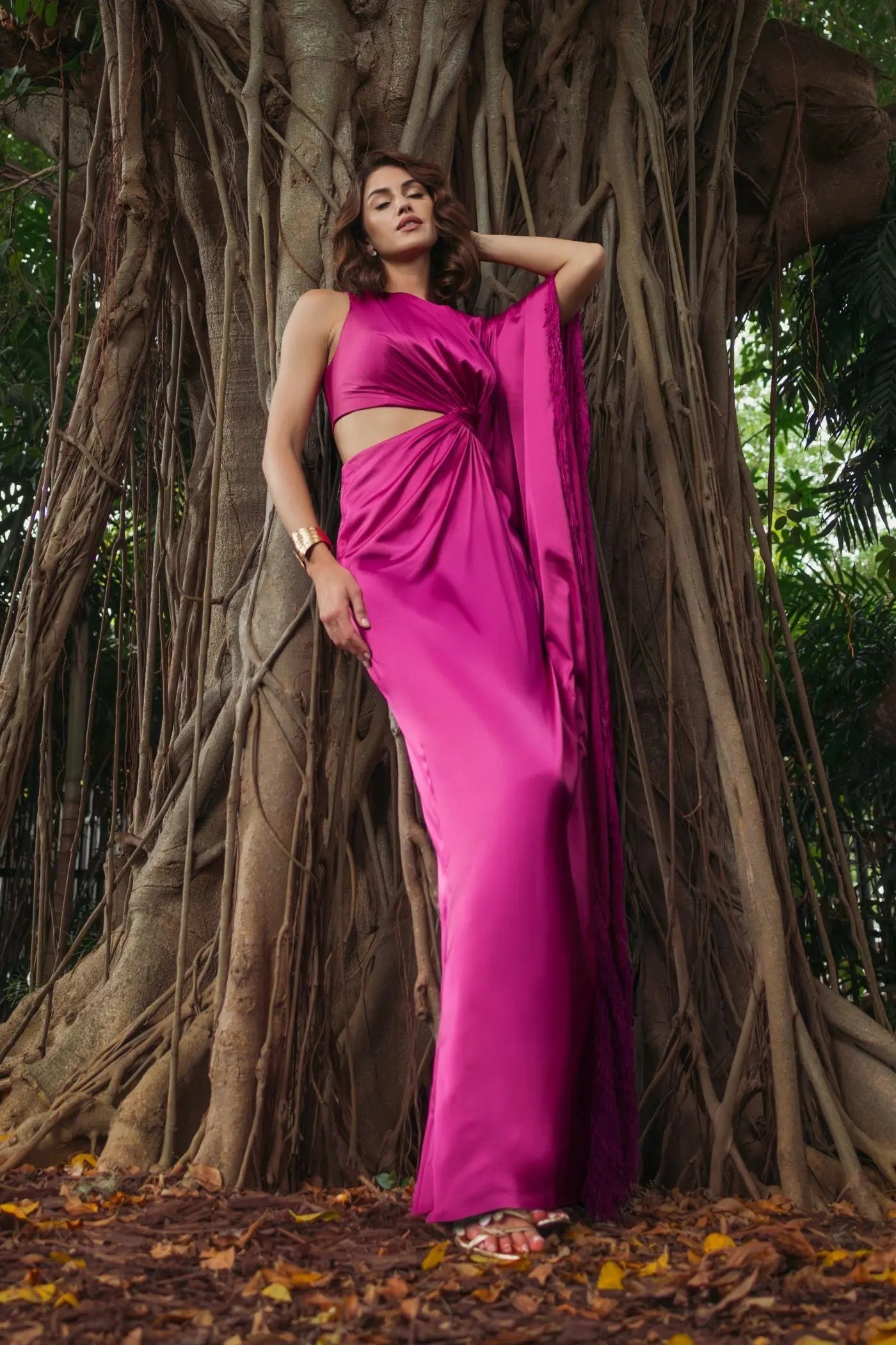 Mac Duggal 49898 Magenta cut out fringe kaftan gown
