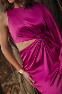 Mac Duggal 49898 Magenta cut out fringe kaftan gown - close-up