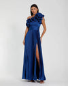 Pleated Charmeuse One Shoulder Ruffle Gown - Cobalt Blue