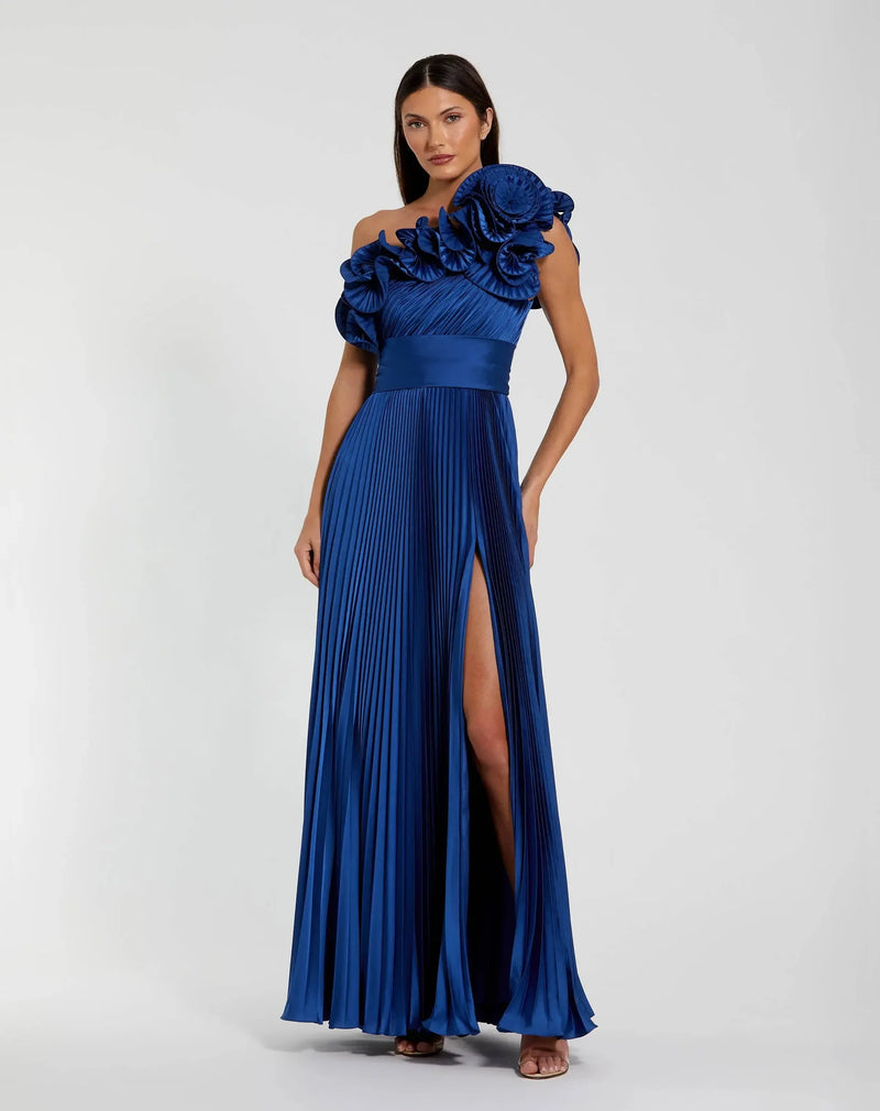 Pleated Charmeuse One Shoulder Ruffle Gown - Cobalt Blue