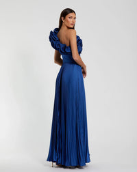 Pleated Charmeuse One Shoulder Ruffle Gown - Cobalt Blue