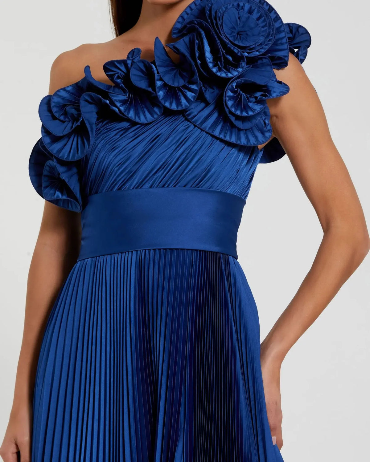 Pleated Charmeuse One Shoulder Ruffle Gown - Cobalt Blue