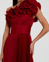 Pleated Charmeuse One Shoulder Ruffle Gown - Red