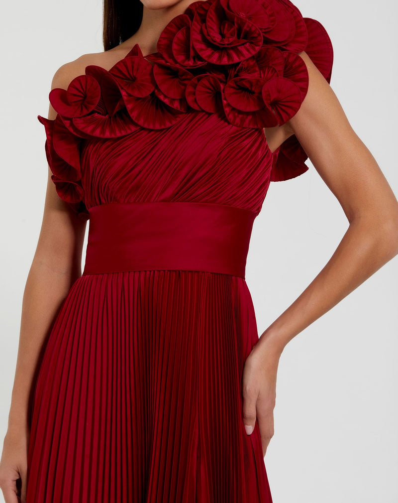 Pleated Charmeuse One Shoulder Ruffle Gown - Red