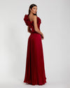 Pleated Charmeuse One Shoulder Ruffle Gown - Red