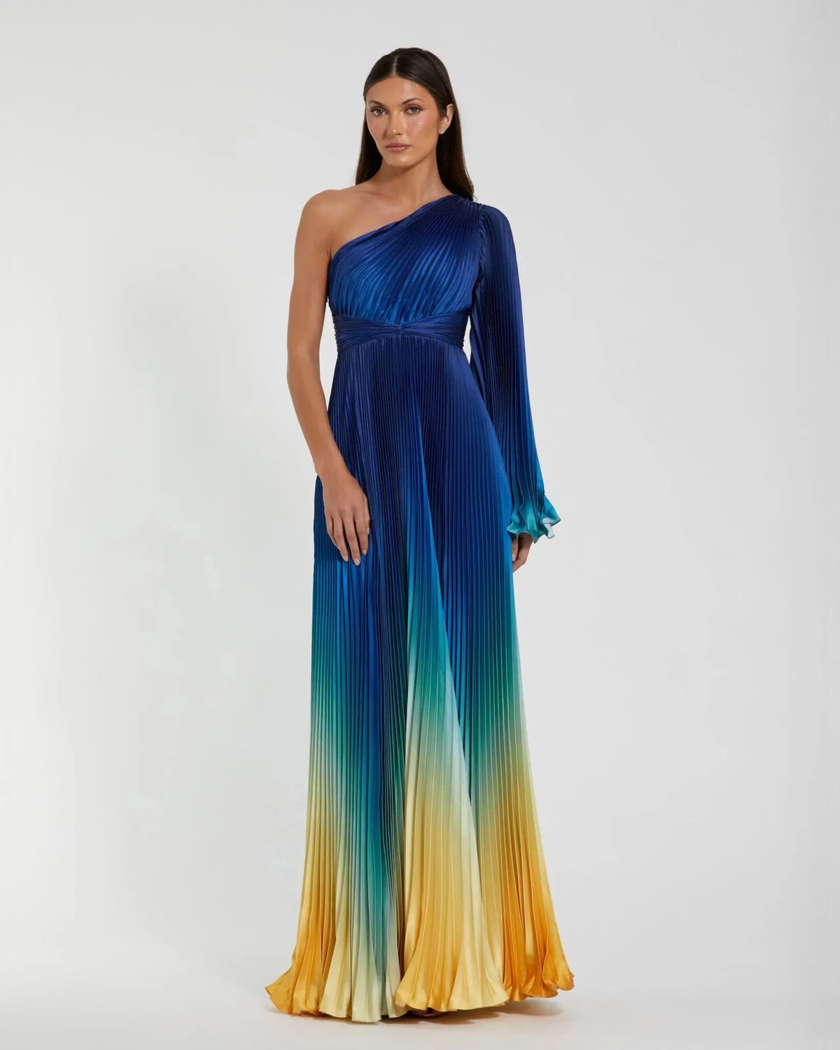 Blue Pleated Charmeuse One Shoulder Ombre Gown