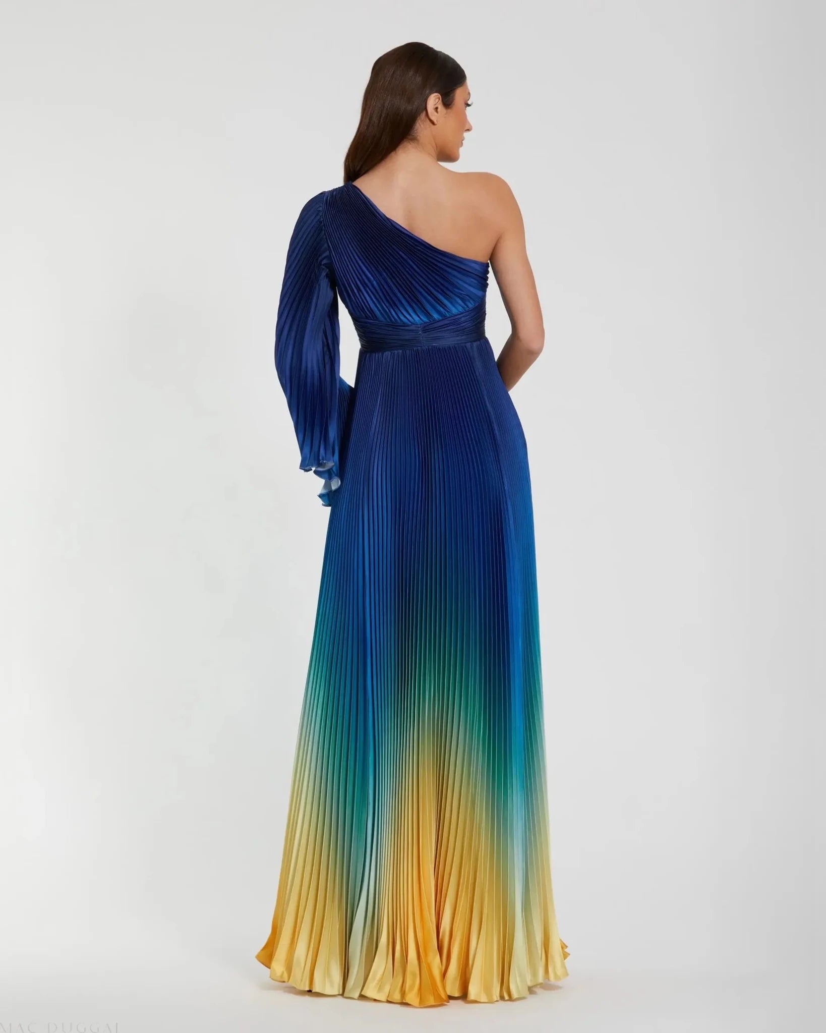 Blue Pleated Charmeuse One Shoulder Ombre Gown