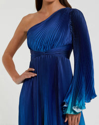 Mac Duggal #49903 blue ombre pleated charmeuse one shoulder ombre gown