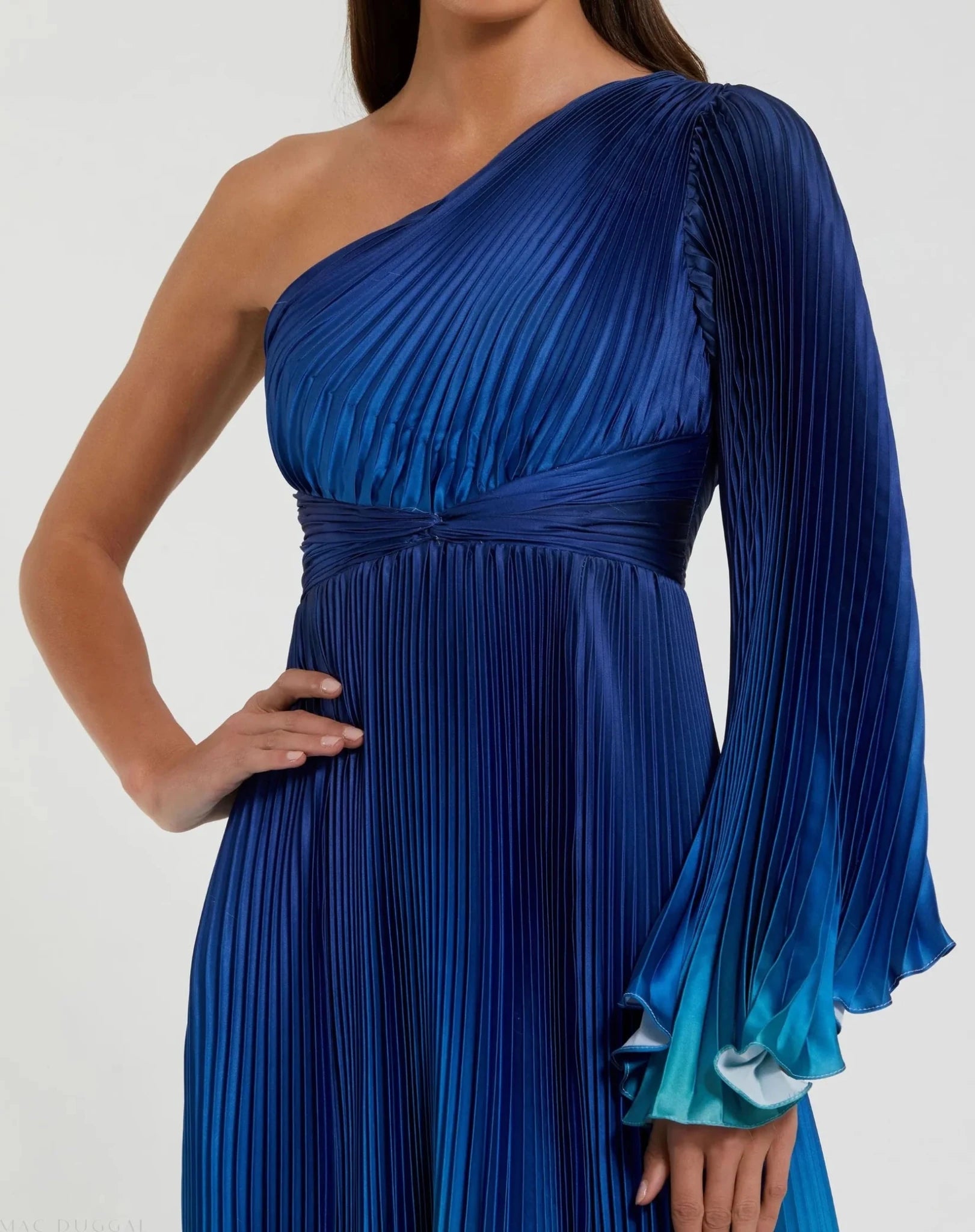 Blue Pleated Charmeuse One Shoulder Ombre Gown