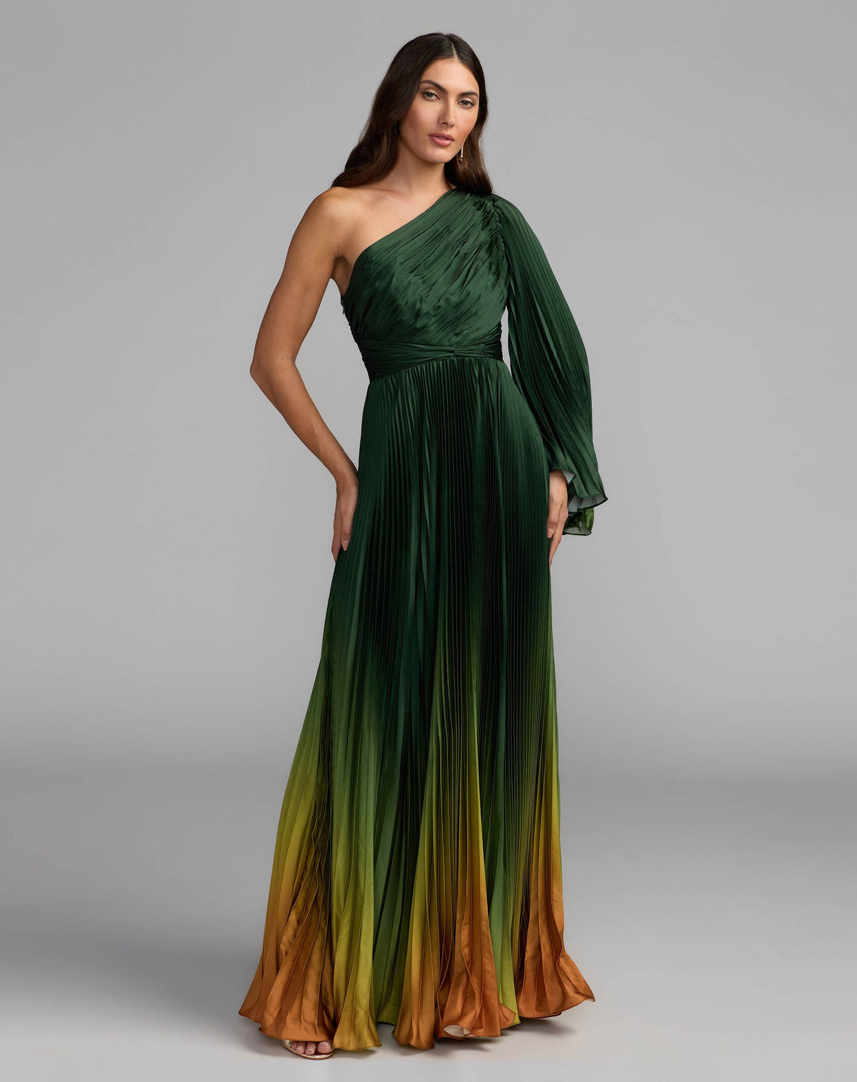 Mac Duggal #49903 green ombre pleated charmeuse one shoulder gown